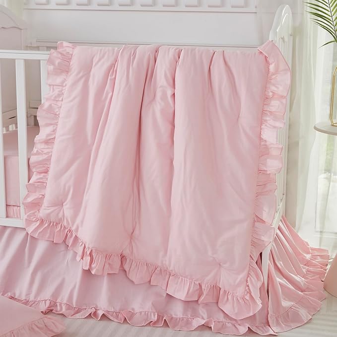 Brandream Farmhouse Crib Bedding Sets for Girls and Boys | 3 Piece Nursery Set Pink Ruffles | Baby Comforter, Fitted Crib Sheet, Crib Skirt Included,100% Cotton Percale