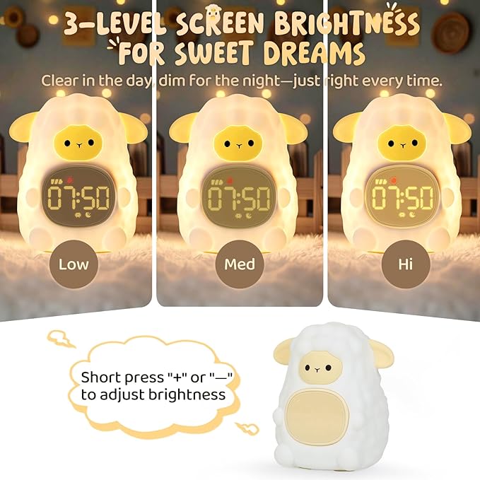 Sheep Alarm Clock with Night Light for Kids with Sleep Training and Sound Machine, Rechargeable Silicone Lamp OK to Wake Clock，Cute Animal Tabletop Lamp, Perfect Sleep Companion for Boys Girls