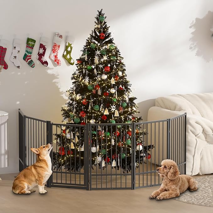 Full Metal Freestanding Dog Gate with Door, 32''Height Foldable Pet Dog Fence for Indoor & Outdoor, 6 Panels Extra Wide Free Standing TallDog Gates for Doorways,House,Stairs,Porch,Deck,Yard