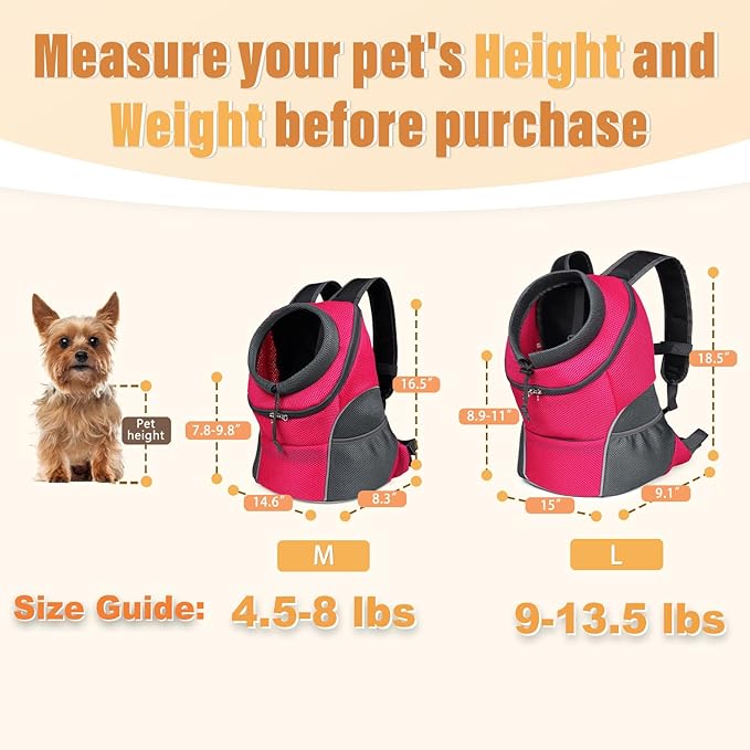 YUDODO Dog Front Carrier Backpack, Adjustable Breathable Pet Carrier for Small Dogs, Ventilated Puppy Back Pack with Safety Belt, Lightweight Doggy Backpack for Hiking Outdoor (Rose, M: 4.5-8 lbs)