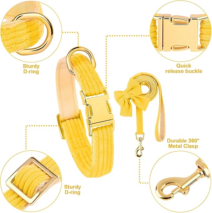Dog Collar and Leash Set with Bowtie, Girl Dog Collars Metal Buckle Adjustable for Small Medium Dogs (Yellow, M: Neck 13"-22" Leash 5 FT)