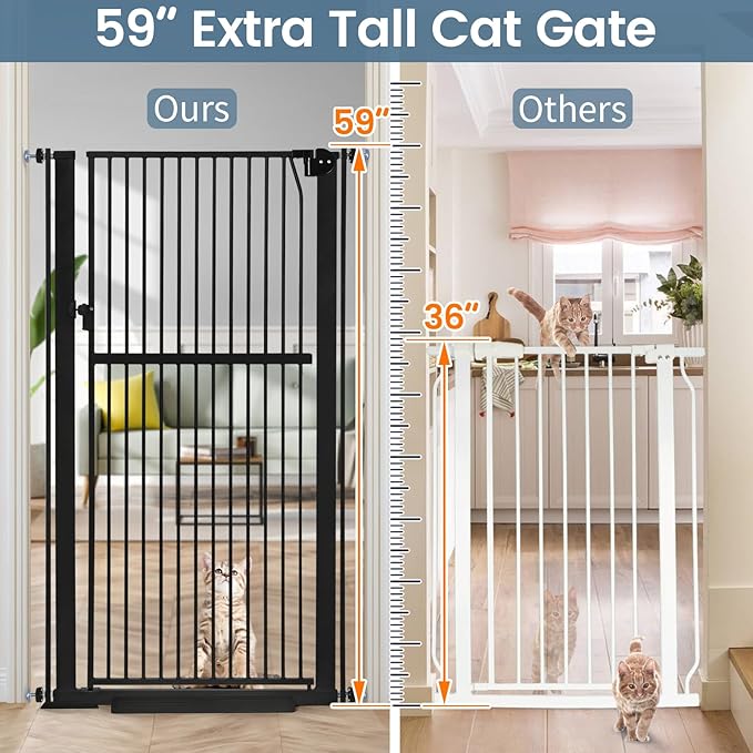 59" Extra Tall Pet Gate - Durable Metal Cat and Dog Gate With Double Safety Lock & Walk Thru Door for Indoor Stairs, Doorways, Hallways - Self Closing/Stay Open/Open Both Ways, Pressure Mounted