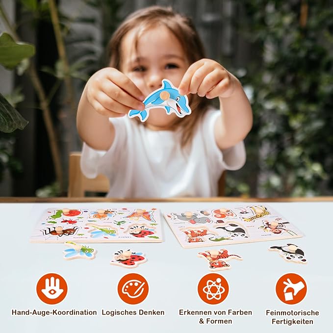 Wooden Peg Puzzles for Toddlers 1-3, 6 PCS Puzzles for Kids, Montessori Toddler Numbers, Vegetables, Fruits, Insects, Sea and Animals Puzzles, Great Preschool Gifts for Girls and Boys