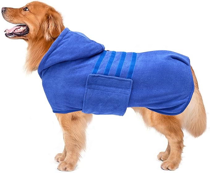 Geyecete Dog Drying Coats with Hood - Absorbent Robe Towel - Microfibre Fast Drying - Blue - XXL