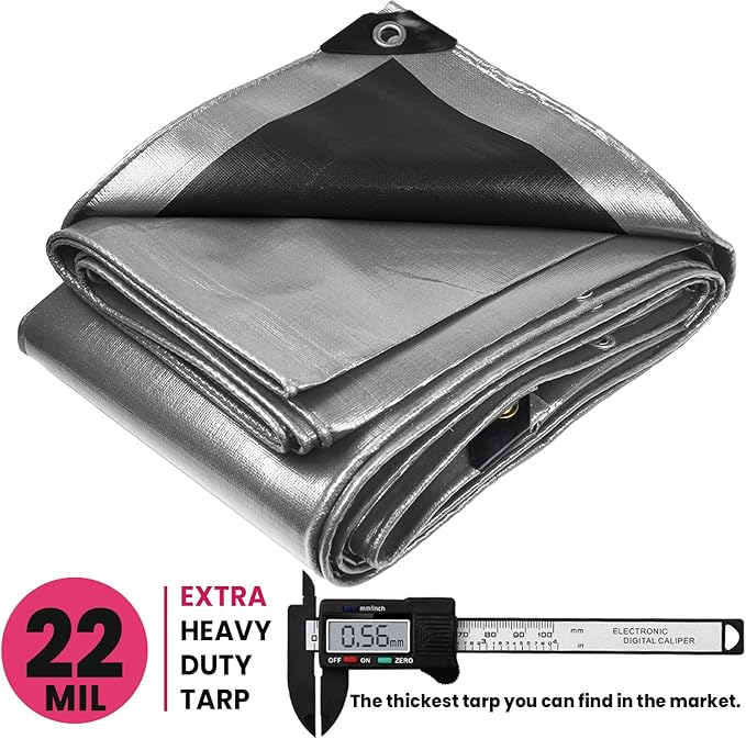 PROTARP Extreme Heavy Duty 22 Mil Tarp Cover, Waterproof, UV Resistant, Rip and Tear Proof, Poly Tarpaulin with Reinforced Edges for Roof, Camping, Patio, Pool, Boat. (Silver/Black 30′ X 40′)