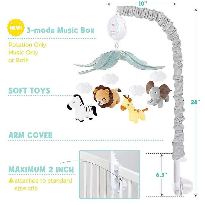 Animals Crib Mobile for Boys & Girls - Safari Baby Mobile for Crib with Upgraded 3-Mode Music Box, Nursery Mobiles, Fits Standard Cribs