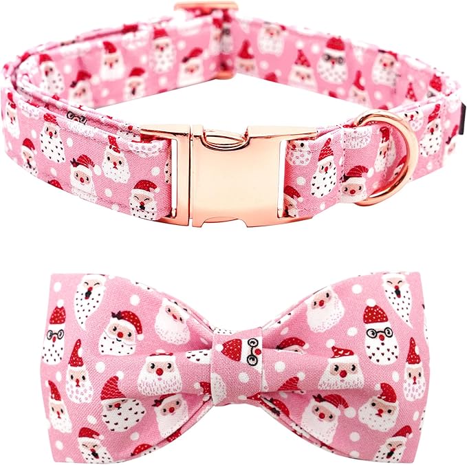 Dog Collar, Christmas Pink Santa Claus Cotton Pet Collar Bow Holiday Girl Boy Cute Puppy Collar Adjustable Pet Collar for Medium Dogs