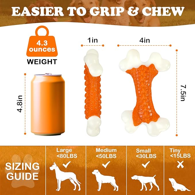 Indestructible Dog Toys for Aggressive Chewers: Peanut Butter Flavored Hard Nylon Bone Chew Toys, Tough Dog Chew Toys for Large Dogs, Dog Toys to Keep Them Busy for Medium Large Breed, Orange