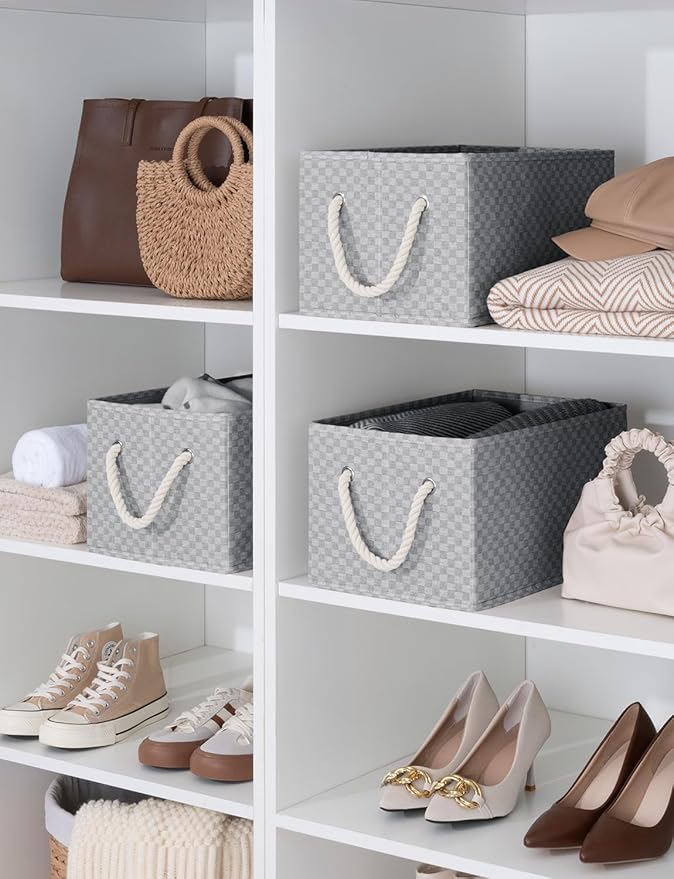 StorageWorks Storage Baskets for Shelves, Foldable Fabric Closet Storage Bins with Handles, Fabric Storage Bins Clothes Organizer, Gray Check, 3-Pack, Large