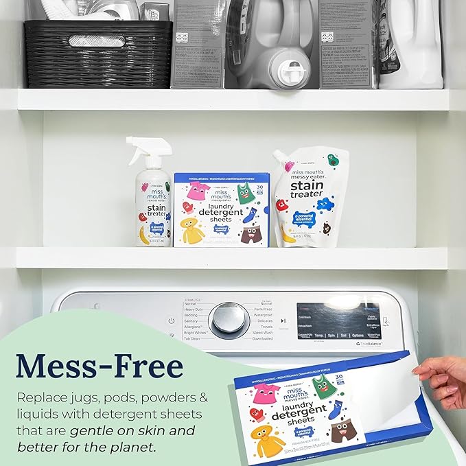 Miss Mouth's Messy Eater Laundry Detergent Sheets - Laundry Detergent, Hypoallergenic, Sensitive Skin Safe, Pediatrician and Dermatologist Tested, Fragrance Free, Travel Friendly, 120 loads