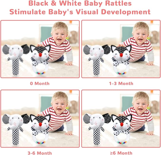 Baby Rattles & Toys - 0-3 Months, High Contrast Black & White Plush Stuffed Toys for Infants