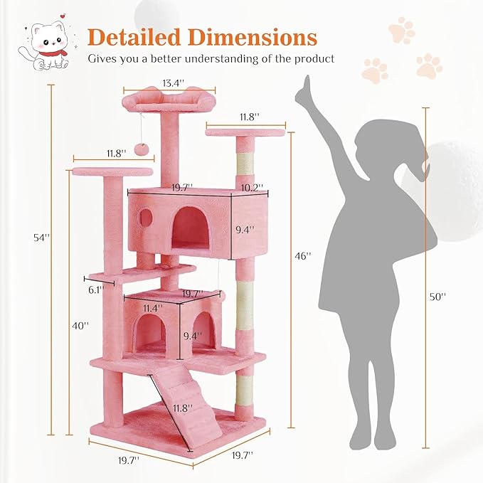 54 Inches Cat Tree Tower Condo, Cat Tower for Indoor Cats, Multi-Level Furniture Activity Center with Wide Base, Cozy Plush Cat Perches, Detachable Toy, Pink
