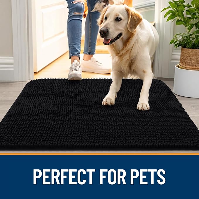 OLANLY Dog Door Mat Set 4-Piece 30x20, Absorbs Moisture and Dirt, Absorbent Non-Slip Washable Doormat, Quick Dry Chenille Mud Mat for Dogs, Entry Indoor Entryway Carpet for Inside Floor, Black