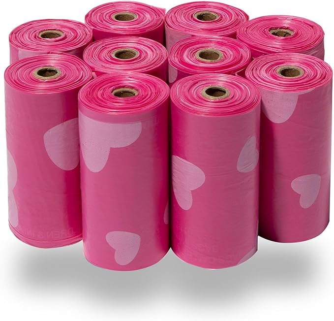 Best Pet Supplies Dog Poop Bags (150 Bags) for Waste Refuse Cleanup, Doggy Roll Replacements for Outdoor Puppy Walking and Travel, Leak Proof and Tear Resistant, Thick Plastic - Pink Heart