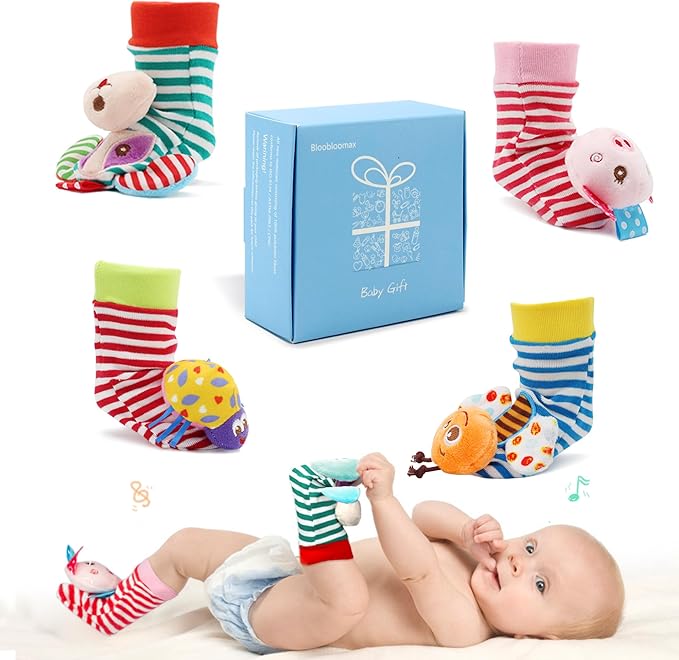 BLOOBLOOMAX Sock rattles for Babies 0-24 Months Baby Animal Foot Finder Educational Toys