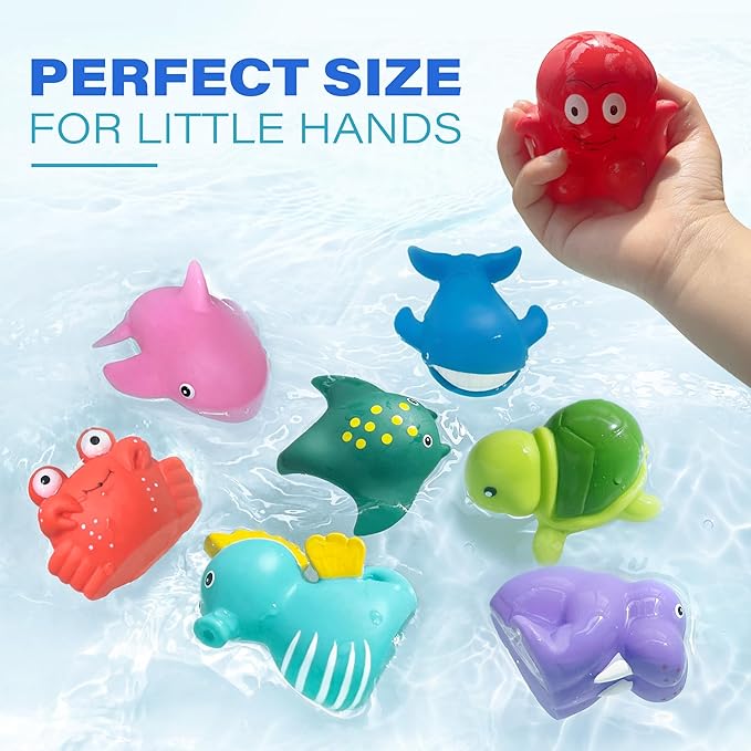 LotFancy Bath Toy, 8PCS Mold Free Bath Toys for Kids Ages 1-3, No Holes Baby Bath Toys for Toddlers 2-4, Ocean Sea Animal Bathtub Toys, Soft Floating Pool Water Table Toys
