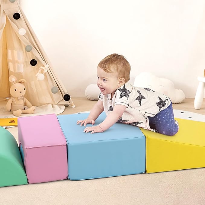 6-Piece Soft Toddlers Climbing Toys, Baby Foam Climbing Blocks for Babies Toddlers, Waterproof Foam Play Gym Climber Structures for Toddler 3, Indoor Climb and Crawl Activity Play Set (PU Leather)