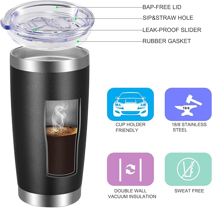 VEGOND 20oz Tumbler with Lid and Straw Stainless Steel Tumbler Cup Vacuum Insulated Double Wall Travel Coffee Mug Powder Coated Coffee Cup(Black 1 Pack)