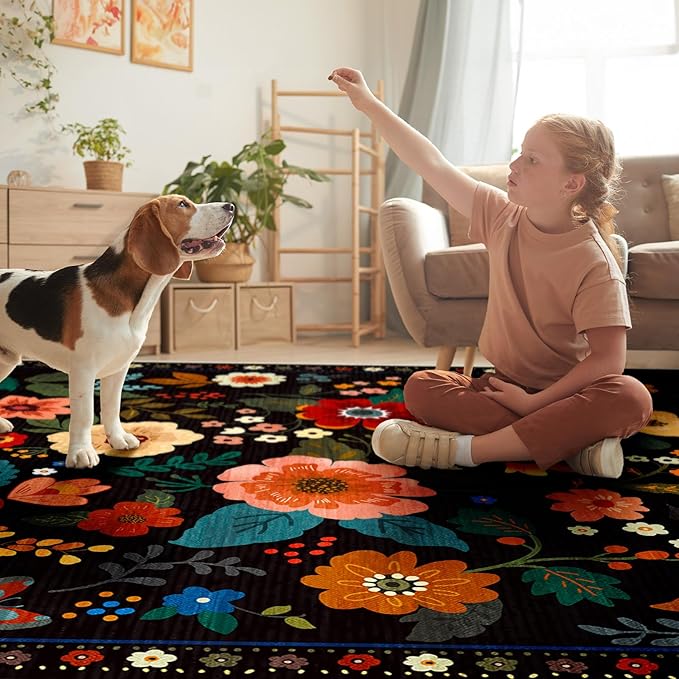 Floral 5x7 Area Rug Machine Washable Soft Print Boho Carpet Non Slip Doormat Low Pile Flower Area Rugs for Living Room Bedroom Nursery Kitchen Dining Room Indoor-Black