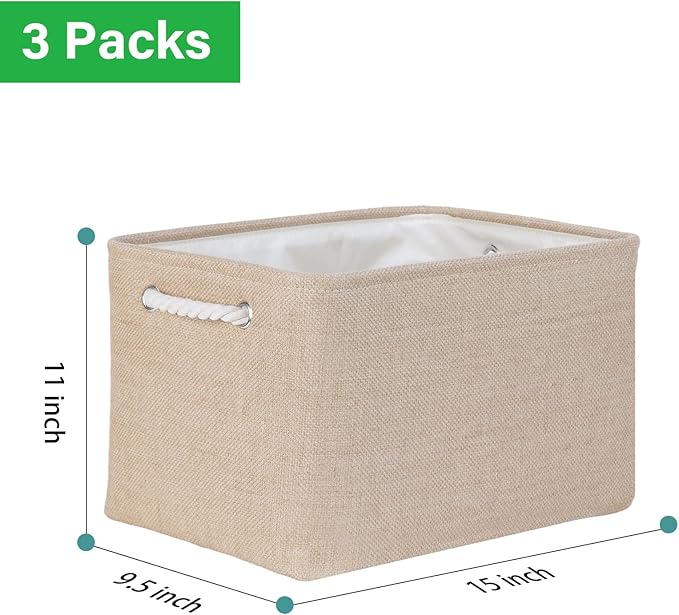 Bidtakay Large Storage Baskets for Shelves 3 Pack Fabric Storage Bins for Organizing Linen Collapsible Organizer for Closet-Flaxen