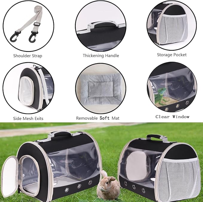 Bearded Dragon Travel Carrier Backpack,Lizard Backpack Carrier,Space Capsule Clear Bubble Window Astronaut Reptile Carrier Backpack for Guinea Pig,Sugar Glider,Bunny (Black, TPU Carrier+MAT)