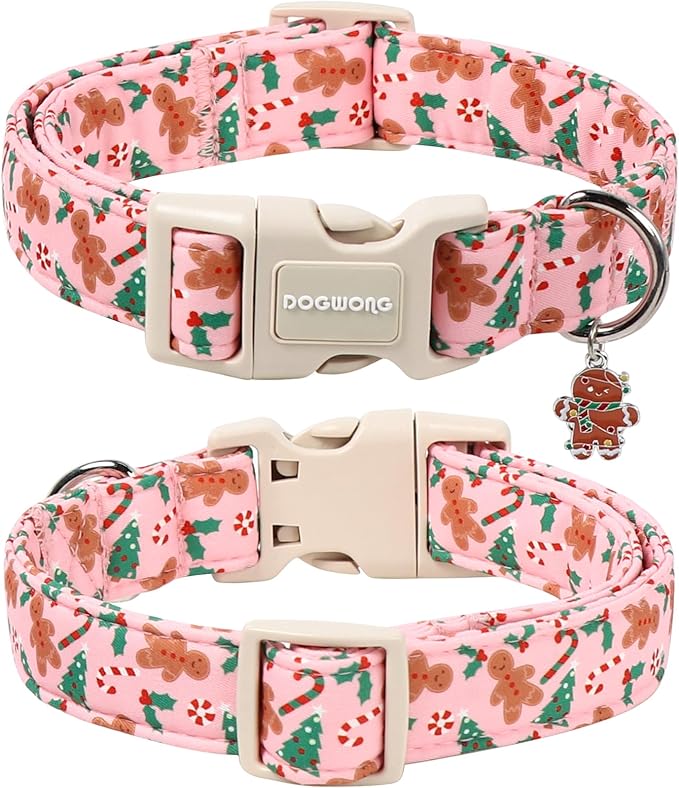 DOGWONG Christmas Dog Collar, Pink Gingerbread Man Pet Dog Collar Cotton Soft Dog Collars Winter Holiday Collars for Small Medium Large Dogs