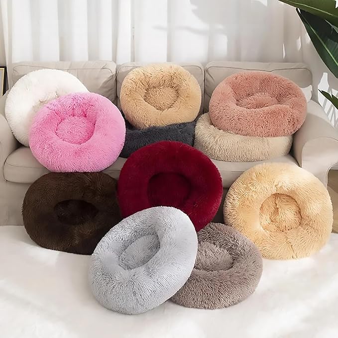 Calming Dog Bed for Small Dogs, Calming Donut Cuddler Pet Bed Anti Anxiety Round Dog Bed Fluffy Plush Faux Fur Cat Bed,Pink,23.6IN
