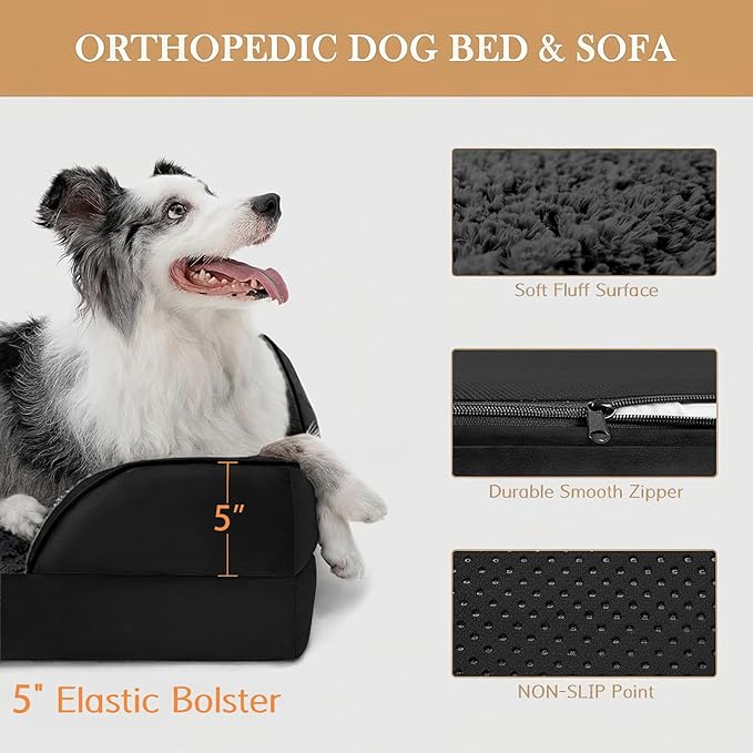 Comfort Expression Orthopedic Dog Bed for Extra Large Dogs 48x30 Inch, Waterproof Egg Crate Foam XXL Pet Bed with Removable Bolsters, Dog Couch with Washable Cover & Non-Slip Bottom, Black