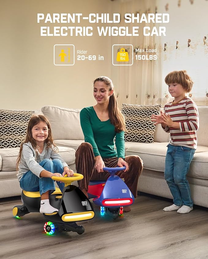 FanttikRide 6V N7 Classic Electric Wiggle Car with Pedal, Rechargeable Battery, Ride on Toys, Swing Car, 2 Speeds, Anti-Rollover, Flashing Light Wheels, Bluetooth, for Ages 3 and Up, 150 Lbs, Yellow