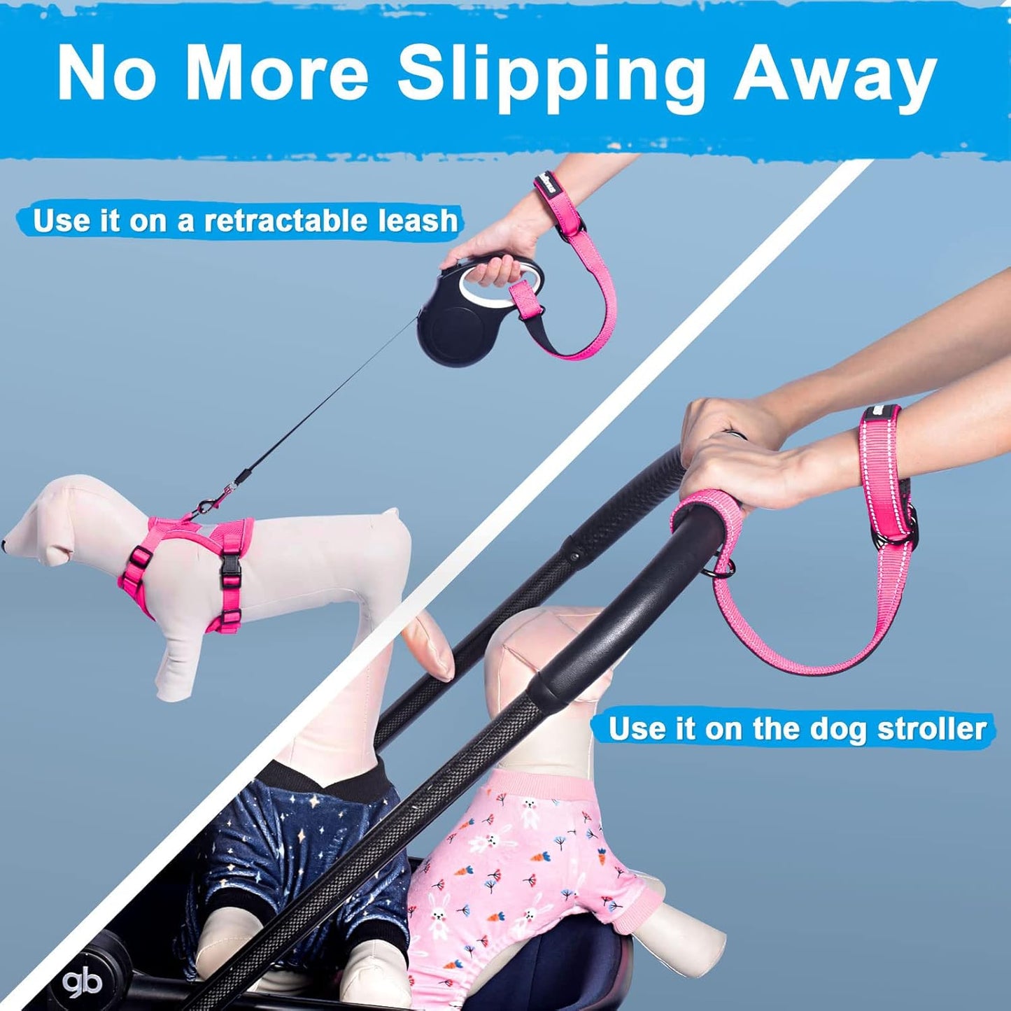 PetBonus Short Dog Leash, Safety Wrist Strap for Retractable Dog Leash, Reflective Design and Adjustable Soft Padded Handle, Extra Layer Security for Pet Stroller (Pink) 1 Pack