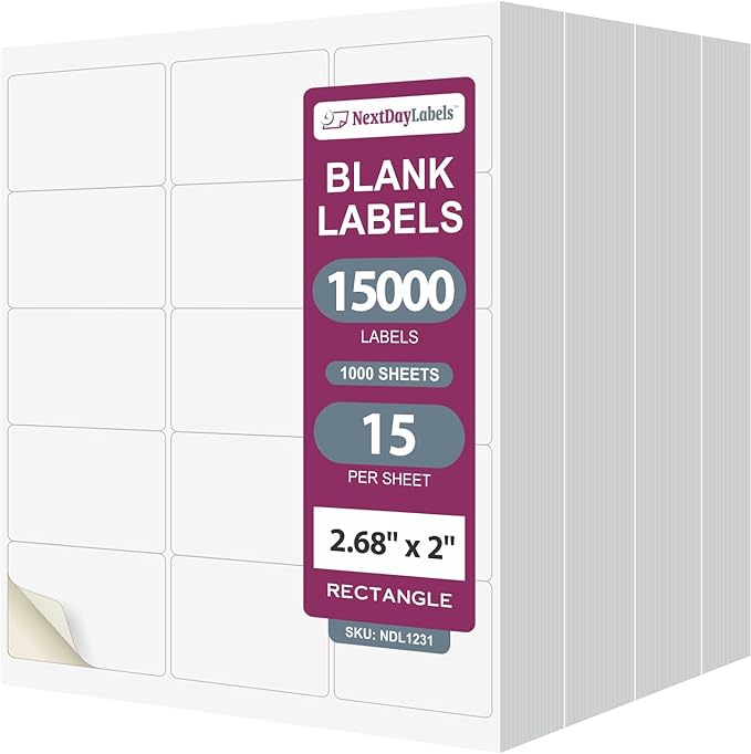 NextDayLabels – 2"-11/16 x 2 Rectangular Sticker Labels for Printer - White Laser/Inkjet Printer Labels Return Address Labels Shipping Label Stickers (1000 Sheets, 15 Per Sheet, 15000 Labels)