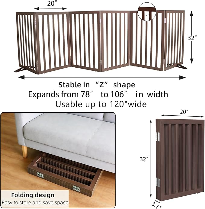 ZJSF Freestanding Indoor Dog Gate for House Foldable Wood Puppy Gate for Doorways Pet Gate for Stairs Extra Wide Pet Fence, Brown, 32" Height 6 Panels