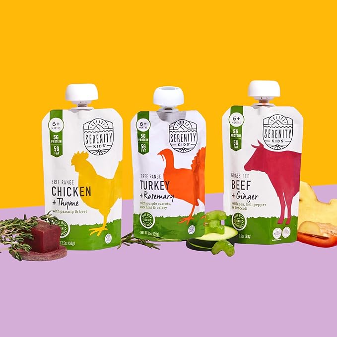 Serenity Kids 6+ Months Baby Food Pouches Chicken & Thyme Puree - BPA-Free Baby Food Puree -Range Chicken & Organic Parsnip & Beet Veggies - 3.5 Oz, 6 Pack