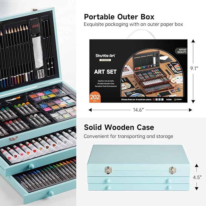 Shuttle Art Deluxe Gift Art Kit, 202-Piece Wooden Art Supplies Set with 4 Drawing Pads, Canvases, Coloring Sheets, Acrylic Paint, Crayons, Oil Pastels, Colored Pencils for Kids