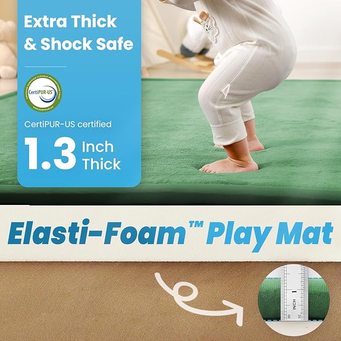 1.3" Thick Baby Play Mat for Floor Playpen, 50x50 Foam Tummy Time Mat, Padded Support Soft Plush Nursery Rug for Infant Kids Toddler Crawling Kick Activity (Emerald)