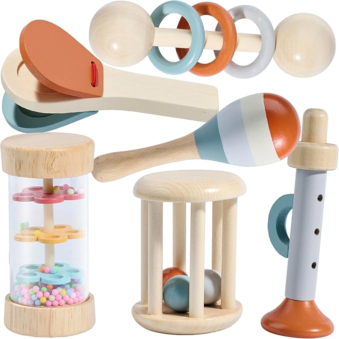 Montessori Mama Baby Rattle and Musical Set, 6 Piece Wooden Infant Toy