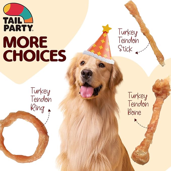 TailParty Turkey Tendons for Dogs, 4.66 oz, Dog Training Treats, Natural Long-Lasting Chew Snacks, High-Protein Beef Tendons, Healthy Hypoallergenic Turkey Ring(6 Units/Pack)