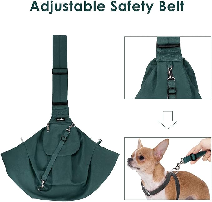 Lukovee Pet Sling, Hand Free Dog Sling Carrier Adjustable Padded Strap Tote Bag Breathable Cotton Shoulder Bag Front Pocket Safety Belt Carrying Small Dog Cat Puppy Machine Washable (Green, M)