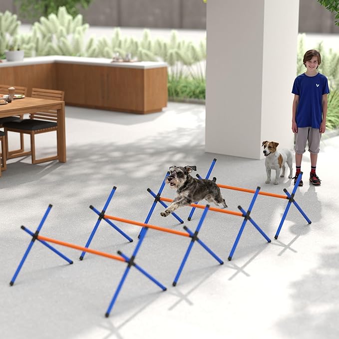 PawHut 4 Pieces Dog Agility Training Equipment, Dog Agility Course Backyard Set with Adjustable Height and Carry Bag, Indoor Outdoor Jumping Hurdles for Training, Orange