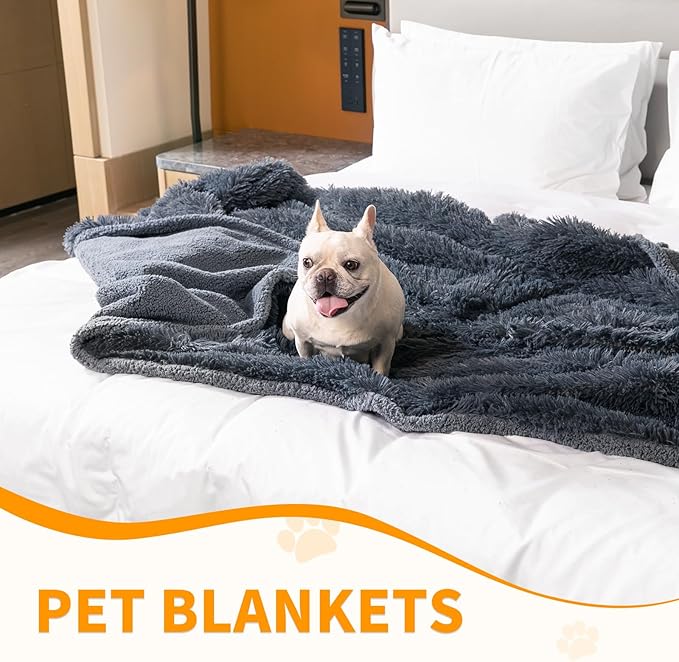 Waterproof Gray Pet Blanket for Dogs 65X57in Fluffy Long Faux Fur Pets Throw Blankets for Large Dog Cat Puppy Couch Cover Love Bed Protector Mat Washable(Grey,L)