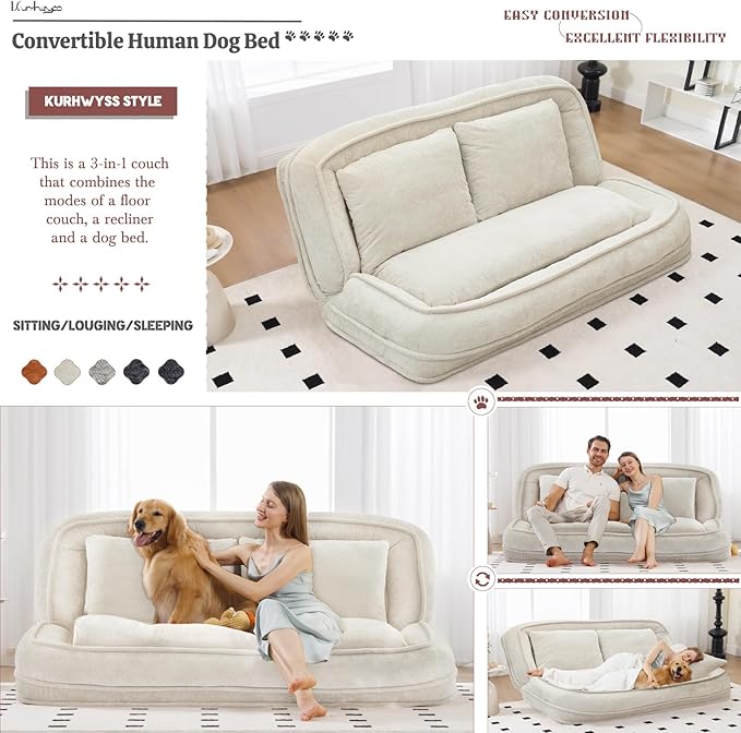 Extra Large Human Dog Bed for Adult & Pets, Convertible Floor Sofa Bed with 5 Adjustable Position, Lazy Couch Giant Bean Bag Lounge Chair Comfy Tatami with 3 Pillows for Bedroom Living Room (Beige)