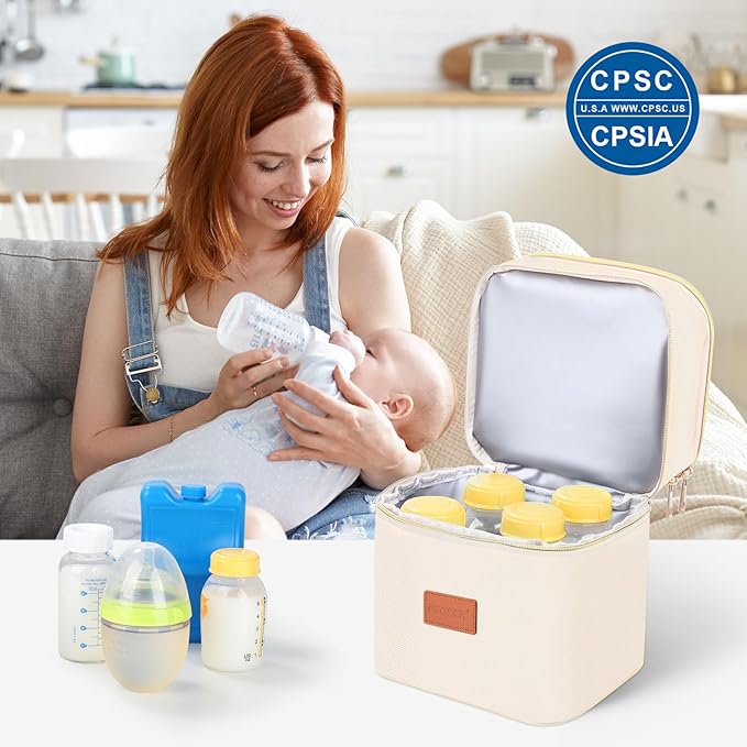 PIIOSER Breast Milk Storage Cooler Bag with Ice Pack, Fits 4 Baby Bottles Up to 5 Ounce, Small Insulated Breastmilk Cooler Travel Bag with Handle Buckle for Nursing & Working Mom Daycare (Cream-XS-1