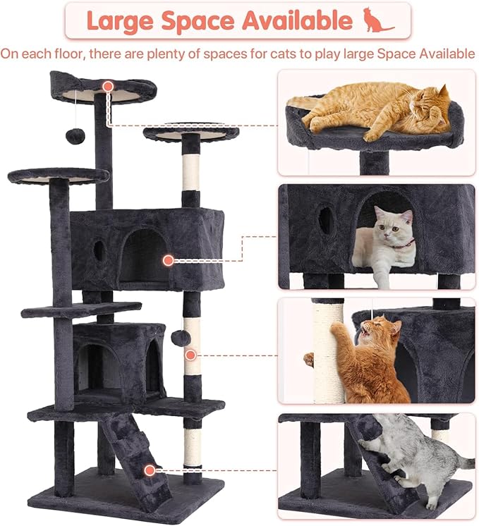 Large Cat Tree with Scratching Post, 54in, Wooden Frame, Sisal Ropes, 3 Platforms, 2 Hanging Balls, 2 Cushions, Light Gray