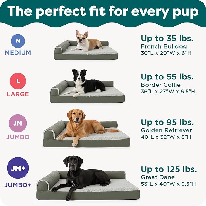 Furhaven Orthopedic Dog Bed for Large Dogs w/ Removable Bolsters & Washable Cover, For Dogs Up to 95 lbs - Two-Tone Plush Faux Fur & Suede L Shaped Chaise - Stone Gray, Jumbo/XL