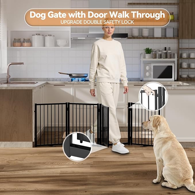 Full Metal Freestanding Dog Gate with Door, 24'' Height Foldable Pet Dog Fence for Indoor & Outdoor, 4 Panels Extra Wide Free Standing SmallDog Gates for Doorways,House,Stairs,Porch,Deck,Yard