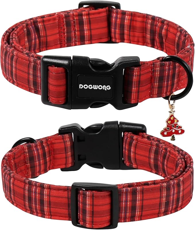 DOGWONG Christmas Plaid Dog Collar, Cute Adjustable Red Tartan Collar, Red Grid Dog Collar with Strong Plastic Buckle for Small Medium Large Dogs,XL