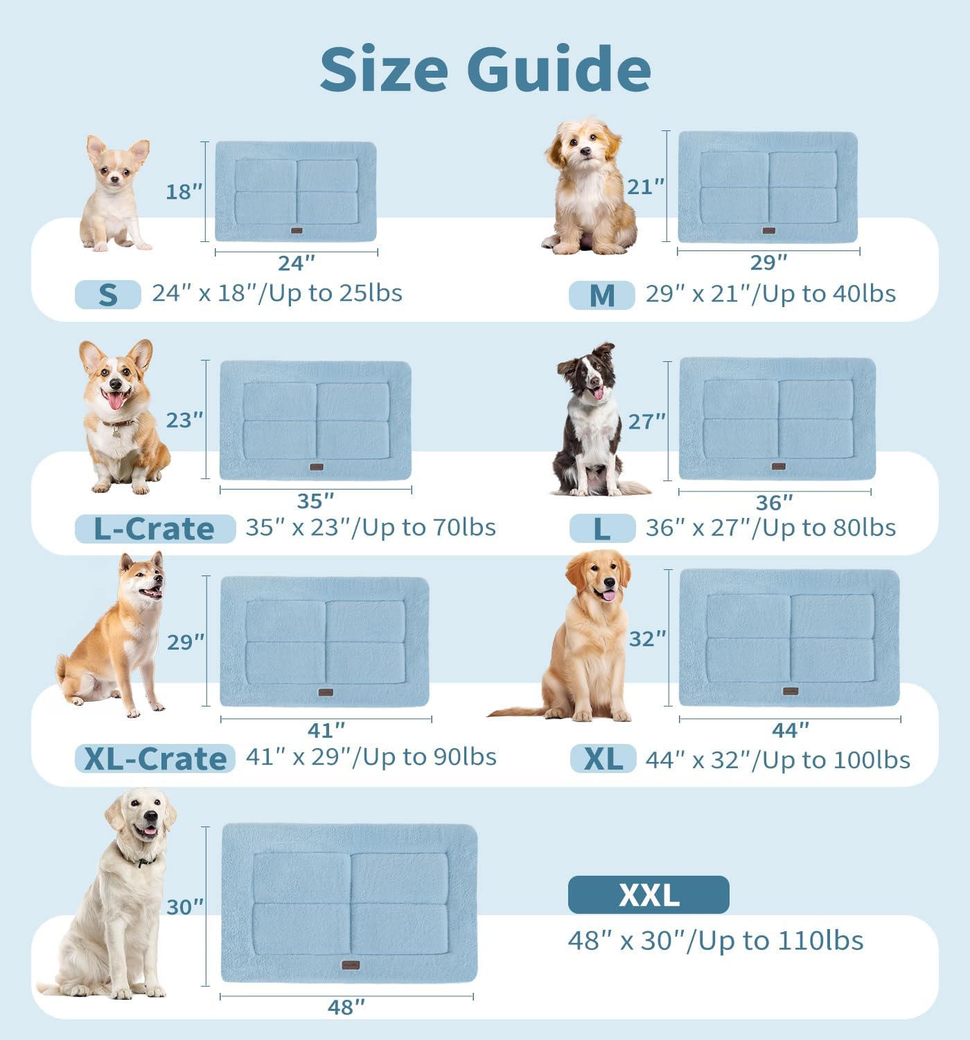 Made4Pets Dog Crate Pad Bed for Extra Large Dogs, Washable & Reversible, Anti-Slip Kennel Mat for Cozy Sleeping, Soft Fluffy Dog Bed for Indoor & Outdoor Use, 48"x30", Blue