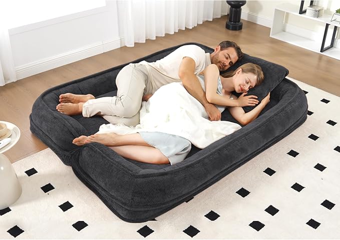 Double Human Dog Bed for Adult and Kids, Comfy Foldable Lazy Floor Loveseat Sofa Bed with 5 Adjustable Position, Upholstered Floor Bean Bag Lounger Chair for Bedroom, Living Room,Office (Black)
