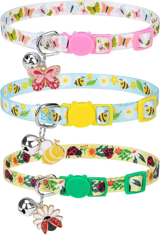 PUPTECK Spring Breakaway Cat Collars with Bell - 3 Pack Pet Collar with Cute Pendants for Girl Boy Kitten Puppy and Small Pets