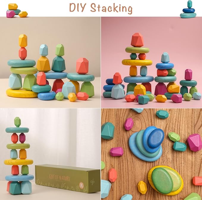 OESSUF Stacking Rocks 26Pcs Stacking Blocks Balancing Stones Wooden Building Toys Wood Stone Stacking Game for Toddler Sorting Preschool Educational Montessori Stacking Rocks for Kids